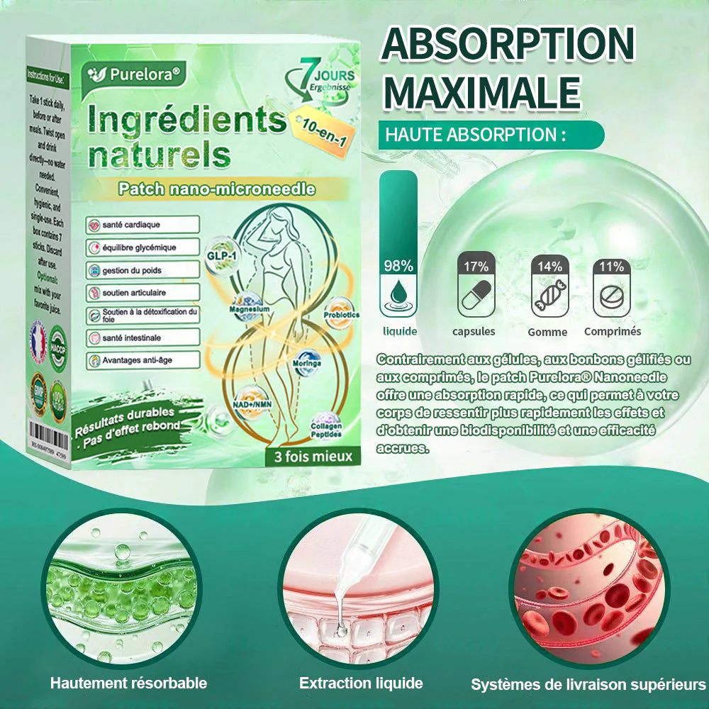 💖 𝑷𝒉𝒂𝒓𝒎𝒂𝒄𝒊𝒆 𝑶𝒇𝒇𝒊𝒄𝒊𝒆𝒍𝒍𝒆 💖 | 🇫🇷 Purelora® Patch Nano Microneedle 10-en-1 aux ingrédients naturels ✅ Aide à gérer le poids, soutient cœur, glycémie, intestin & articulations, raffermit la peau et booste l’énergie. - Image 6