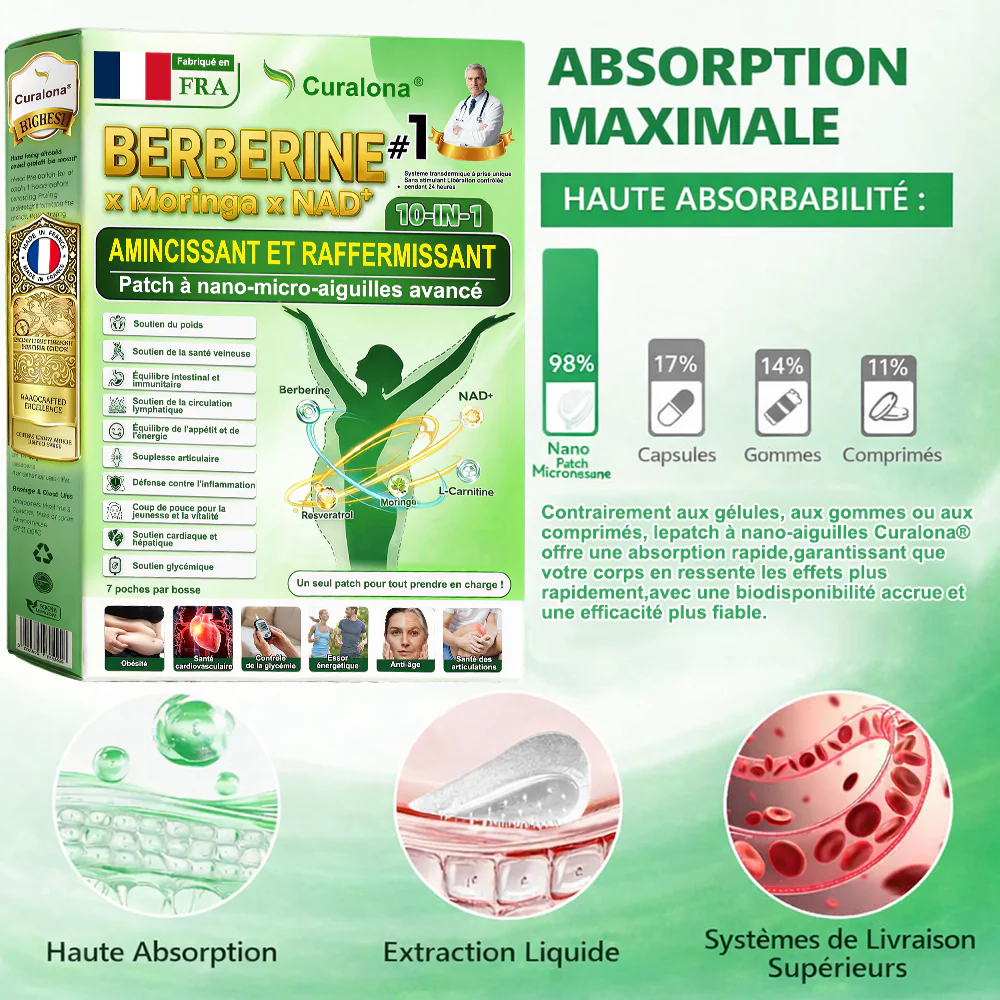 🇫🇷 Boutique Officielle France | 💐🔥 𝗖𝘂𝗿𝗮𝗹𝗼𝗻𝗮® Berbérine · Moringa × NAD+ Patch Nano Microneedle 10-en-1 Avancé  💪 Une application par jour — des résultats visibles dès 7 jours - Image 10